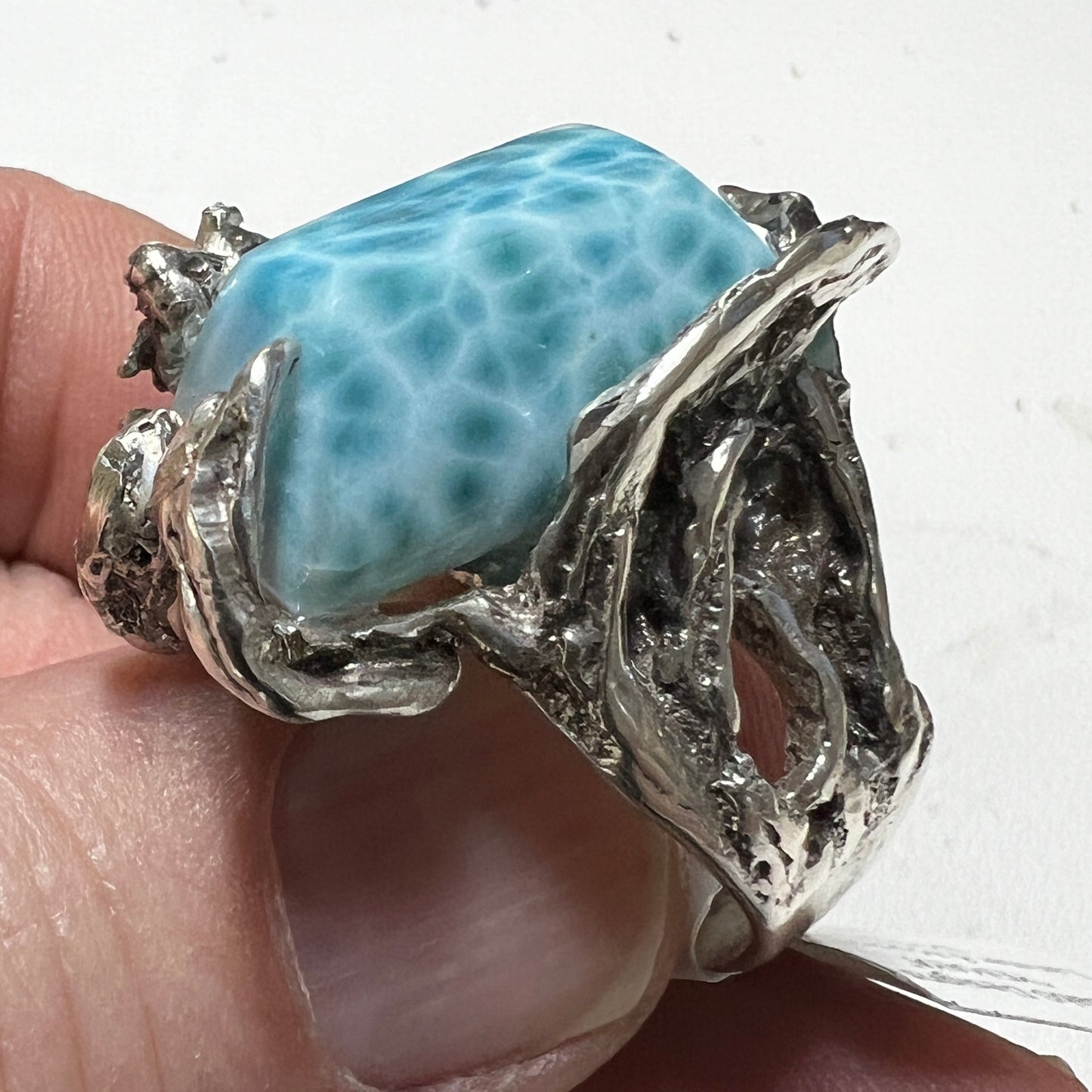 "Yemaya" Sterling Silver, Moonstone, and Larimar Rings Size 8