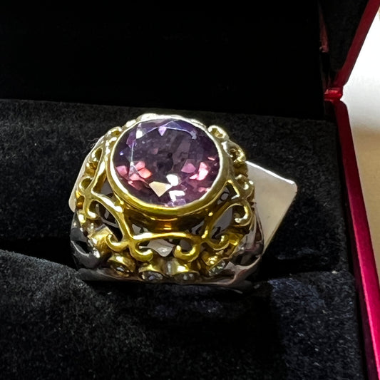 Genuine Amethyst, Sterling, clear sapphires and gold accent ring