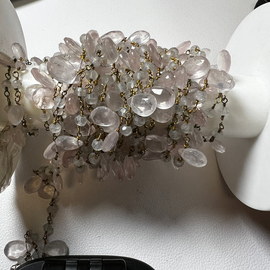 Light Rose Quartz Briolettes 7x12 silver finish chain